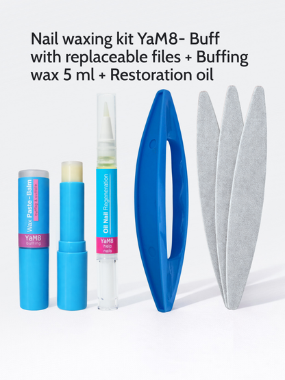 Nail waxing kit YaM8- Buff with replaceable files + Buffing wax 5 ml + Restoration oil