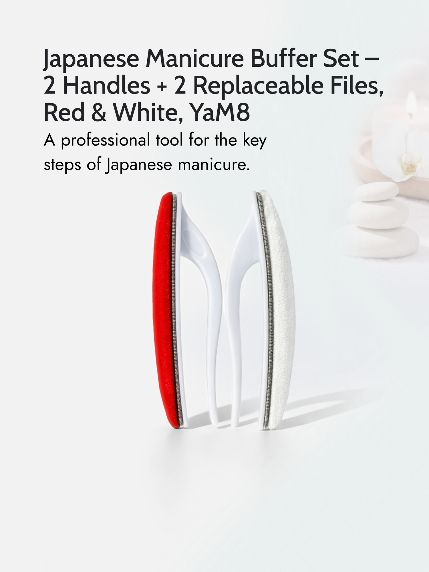 Japanese Manicure Buffer Set – 2 Handles + 2 Replaceable Files, Red &amp; White, YaM8
