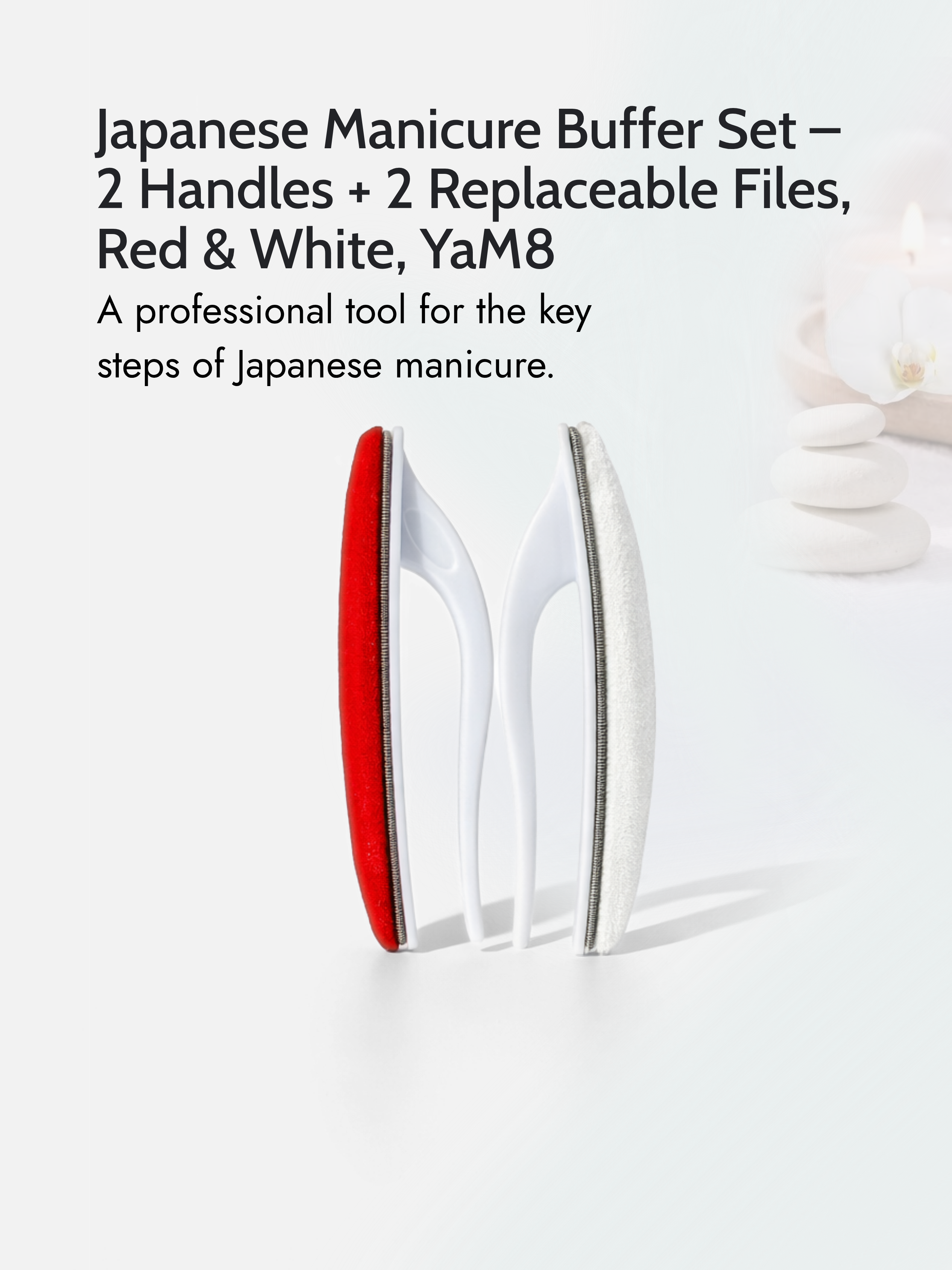 Japanese Manicure Buffer Set – 2 Handles + 2 Replaceable Files, Red &amp; White, YaM8